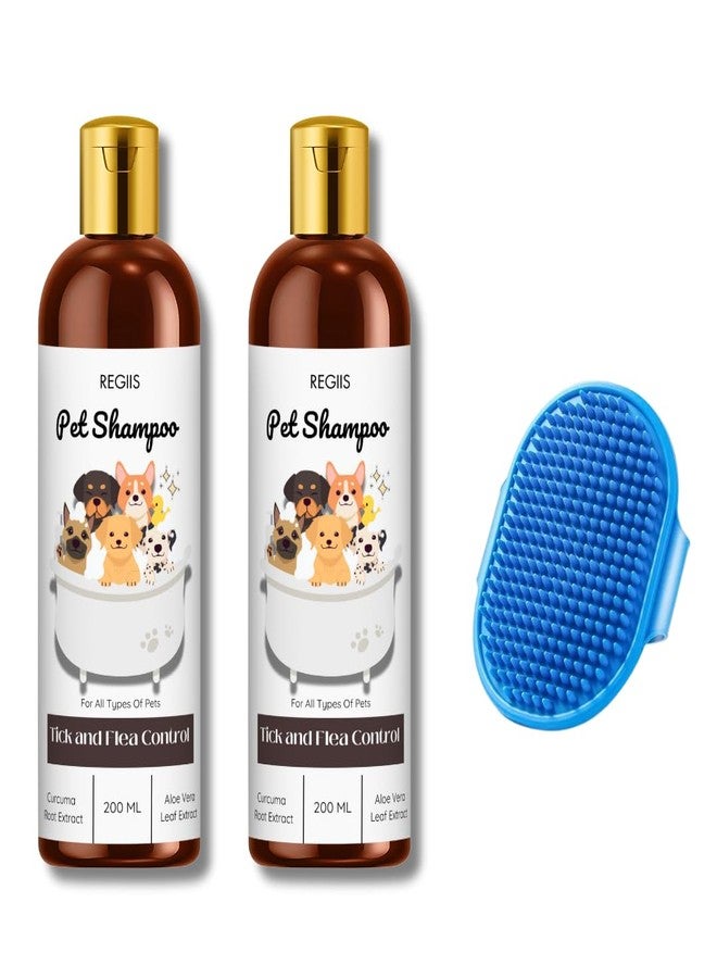 REGIIS Pet Shampoo with Tick and Flea Control, 200 ml, Pack of 2 with Grooming Brush, Pack of 3 - Image 1